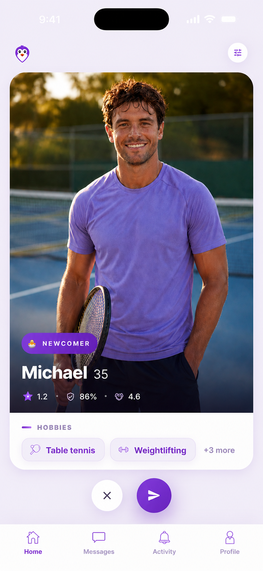 Hobbimate Discover screen showing Michael's profile card