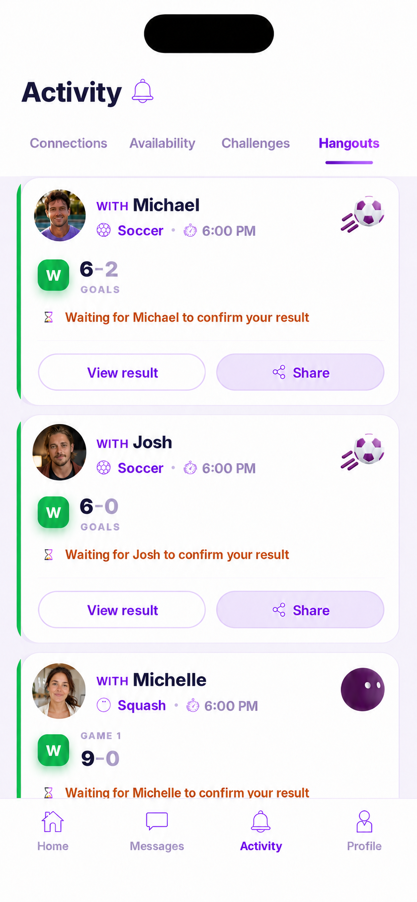 Hobbimate Activity screen showing hangout results with Michael, Josh and Michelle