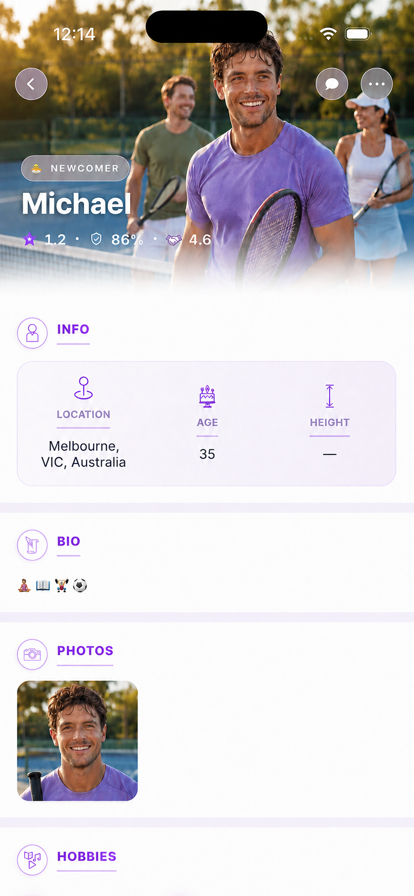 Hobbimate Profile screen showing Michael's info, bio, photos and hobbies