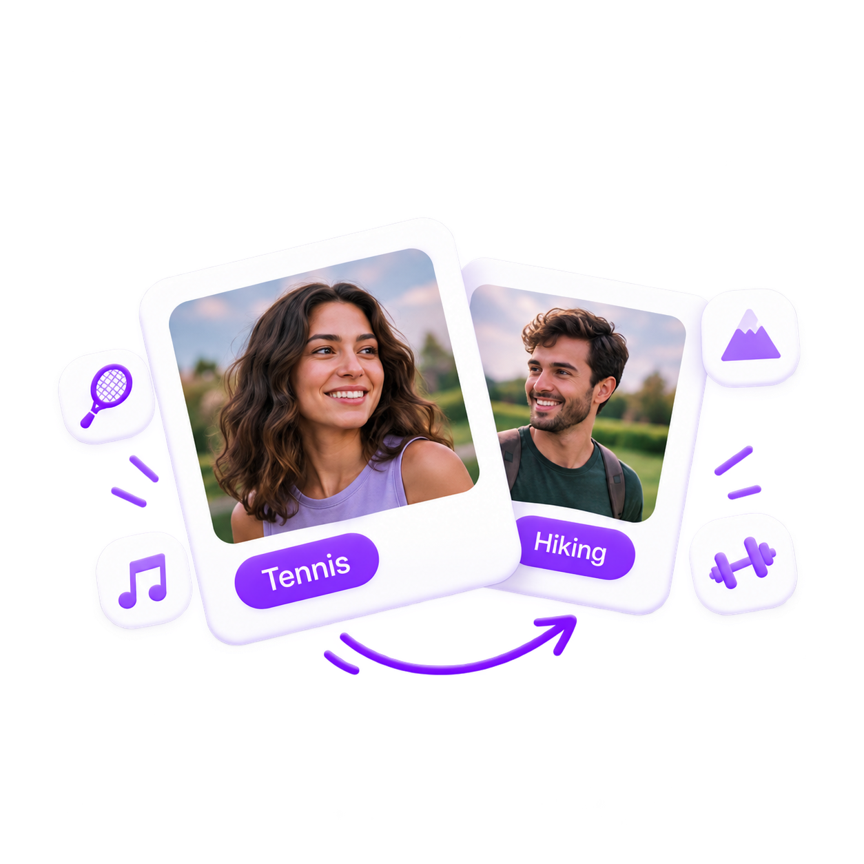 Overlapping profile cards with hobby icons and a swipe arrow, showing the Hobbimate Find screen