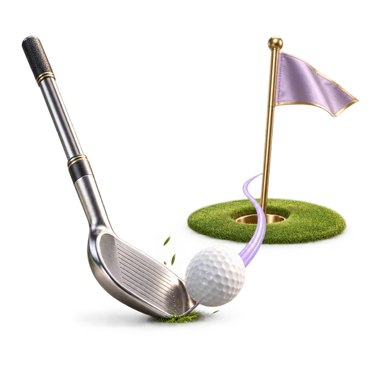 Golf club, ball and flag on a putting green