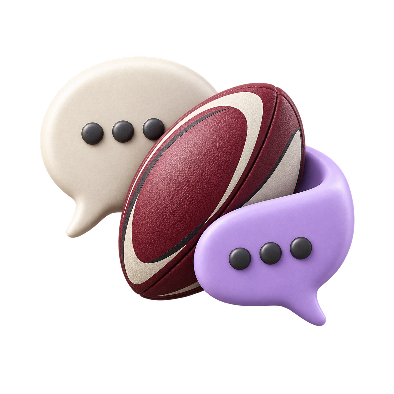 Rugby ball with ivory and lavender chat bubbles