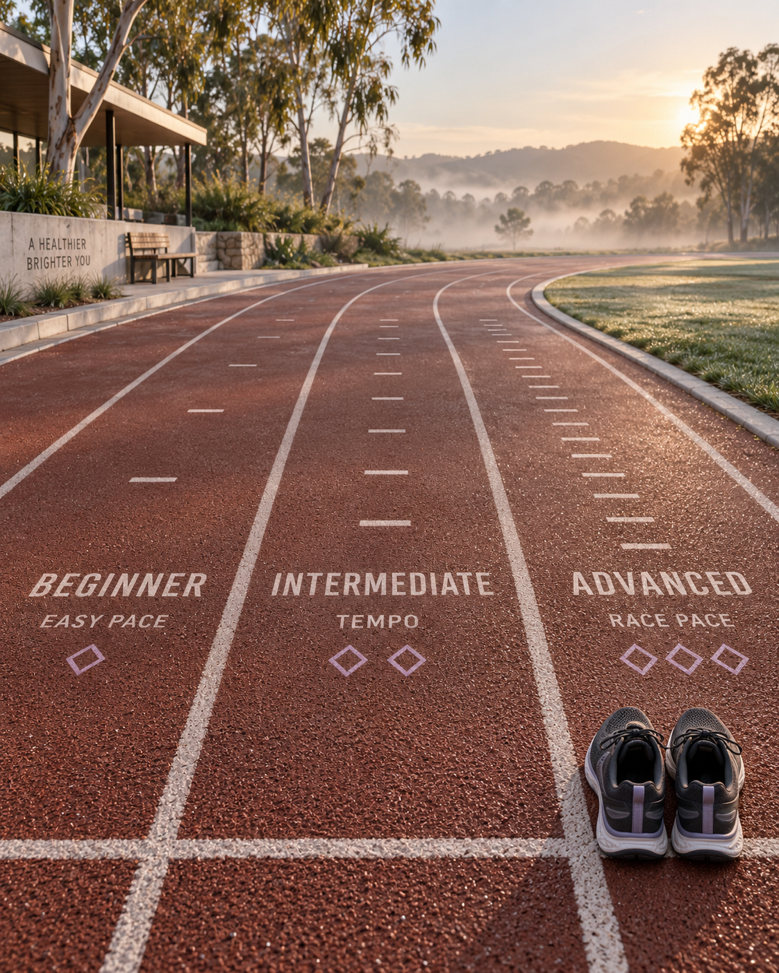 Two adult runners jogging together on a scenic park path in warm morning light