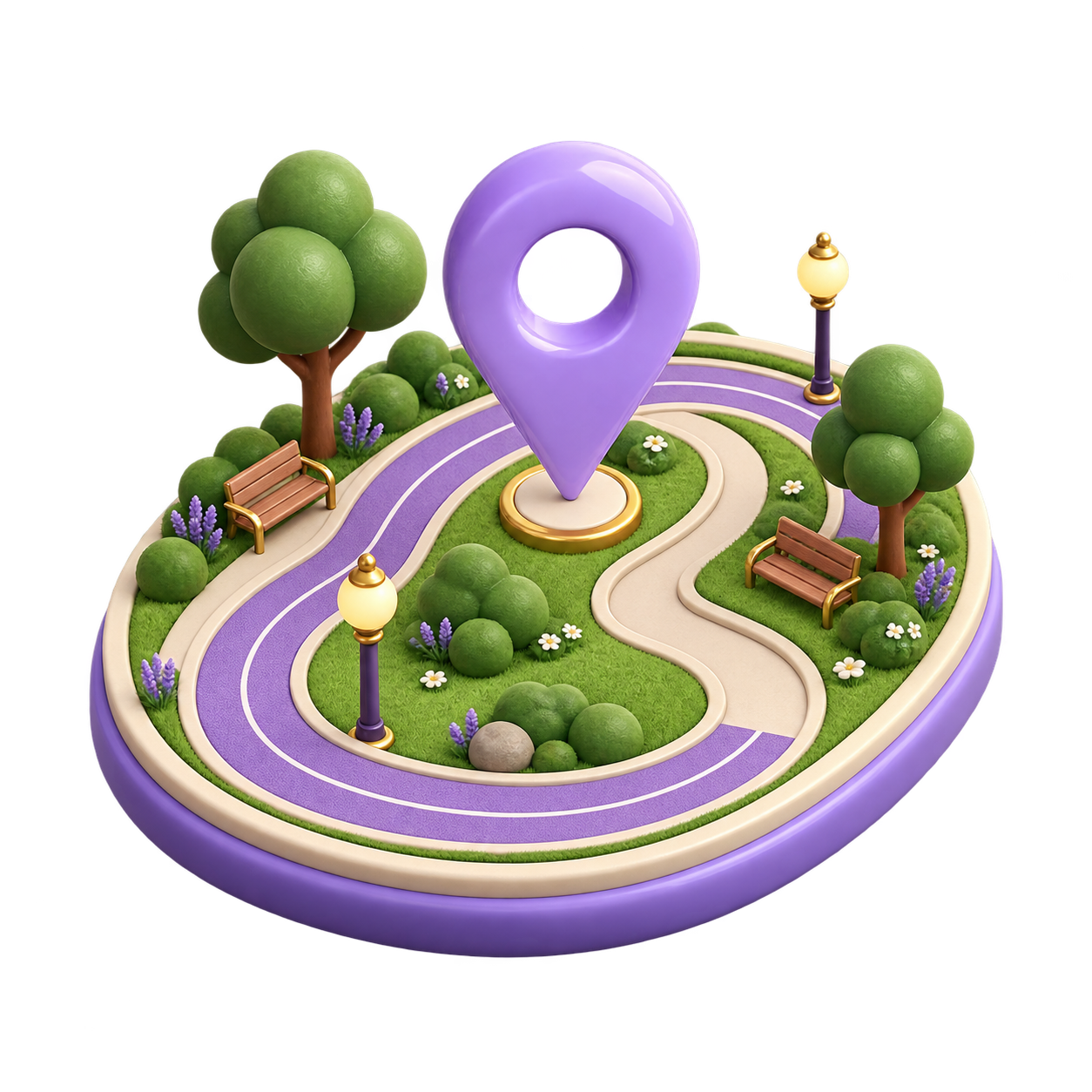Overlapping cream and lavender speech bubbles with a small running shoe
