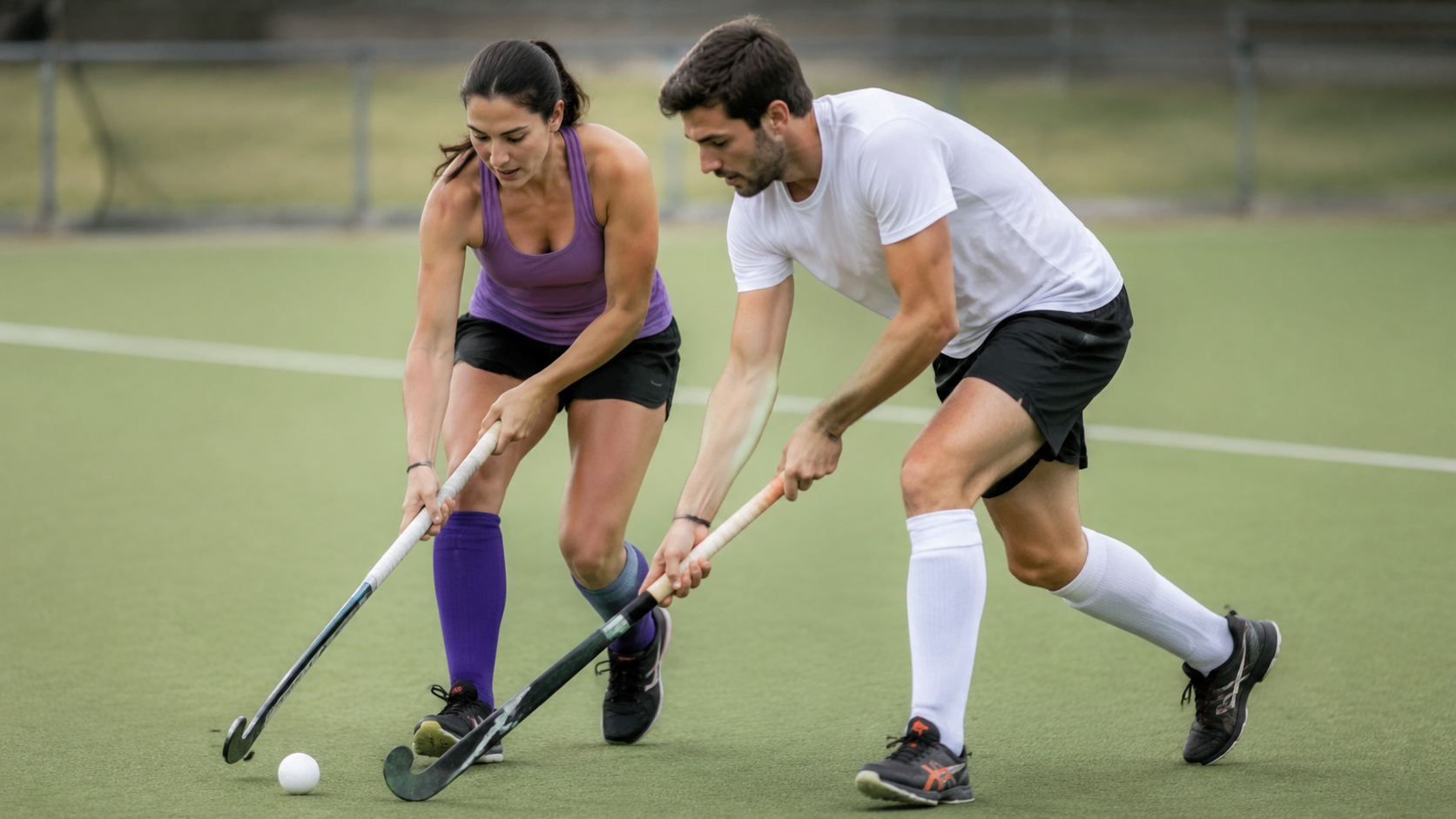 Two players training and passing a field hockey ball on turf