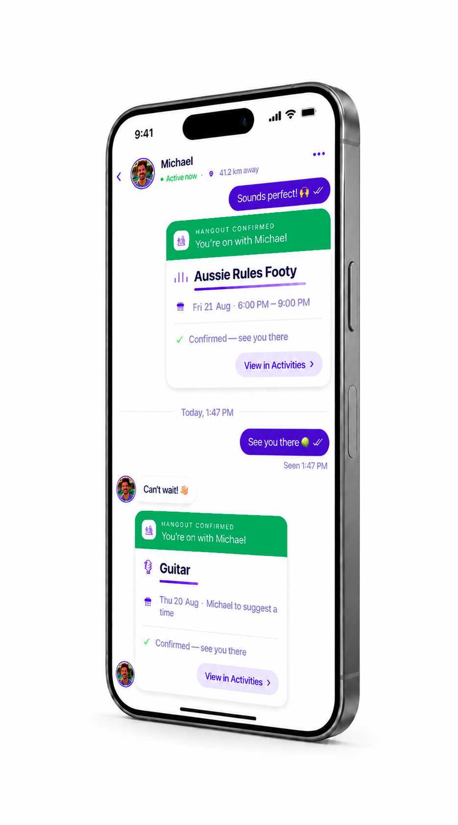 Hobbimate Connect screen showing confirmed hangout with Michael