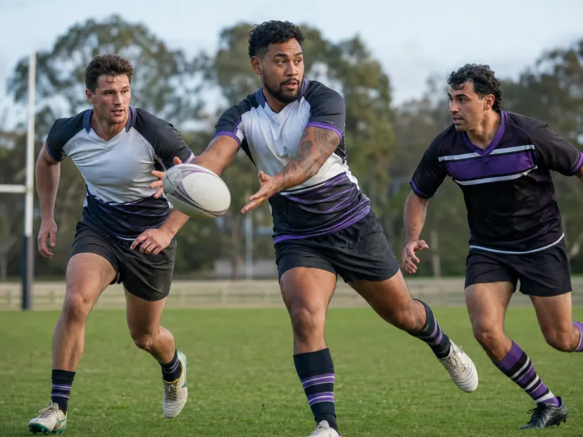Rugby players competing during a social match on a grass field in Australia