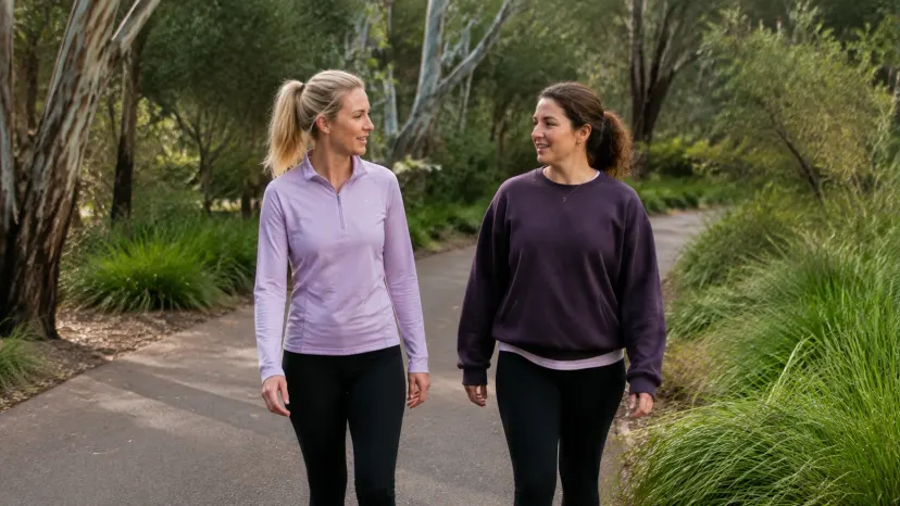 Two adults walking together on a scenic Australian coastal path