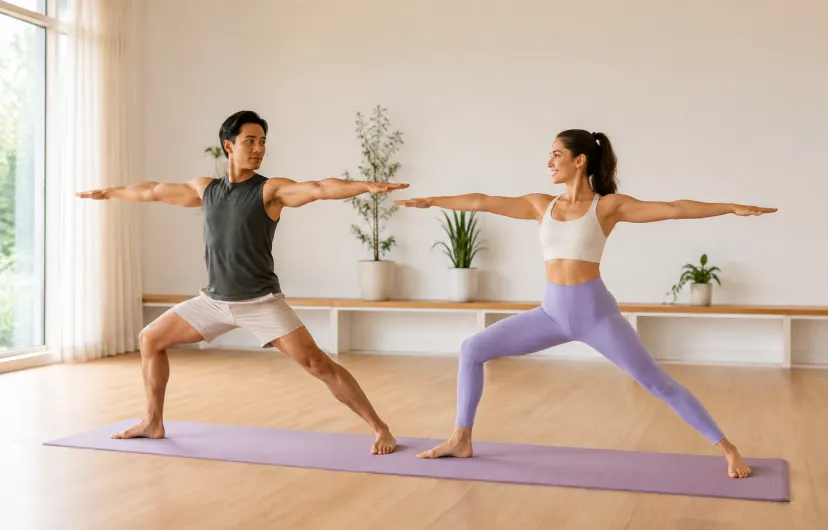 Two adults practising yoga together in a bright calm studio