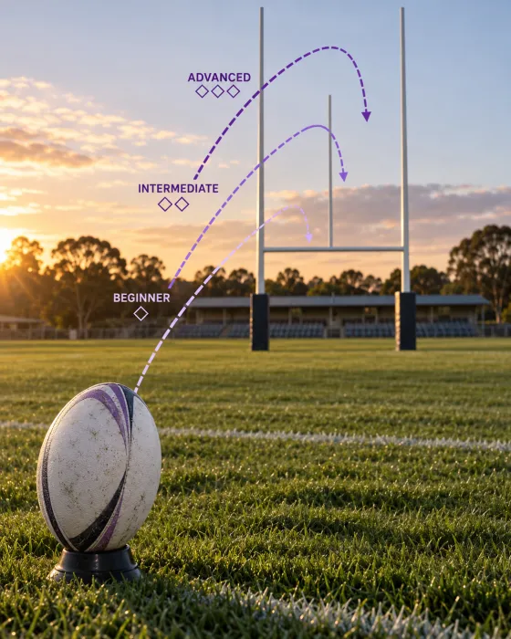 Adult rugby union players training on a grass field — one passing an oval rugby ball, another preparing to tackle, with H-shaped goalposts visible in the background