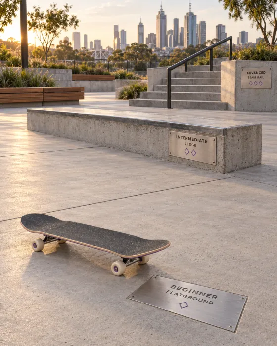 Adult skateboarder performing a trick at a modern skatepark with concrete ramps and rails