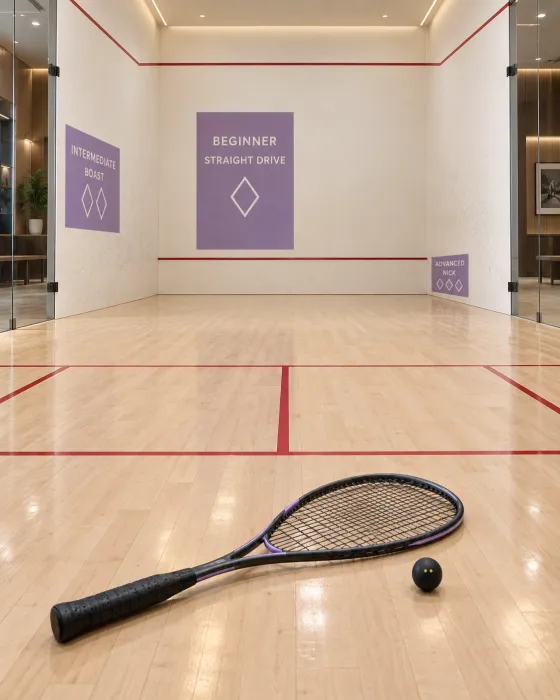 Two adults playing squash on a modern indoor court