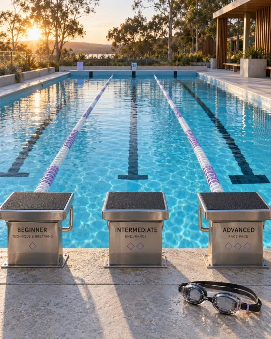 Two adults training together in a modern lap pool