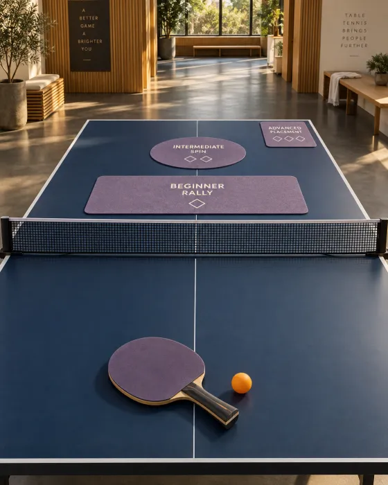 Two adults playing table tennis at an indoor venue with regulation table, net and paddles
