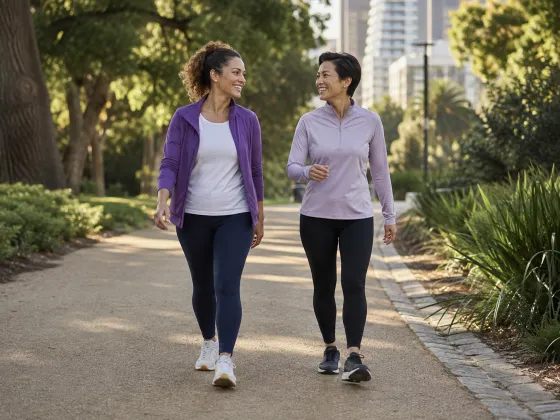 Two adults walking together on a scenic Australian coastal trail in warm natural light
