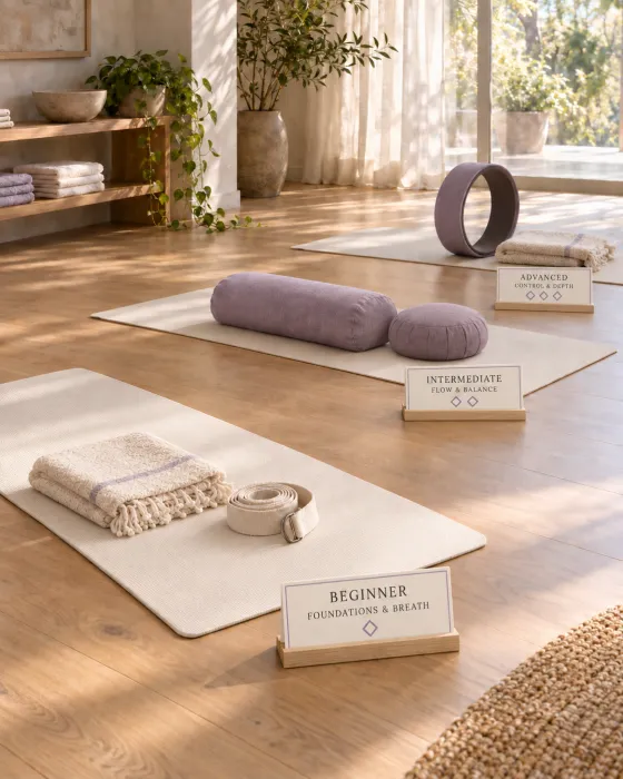 Two adults practising yoga together in a bright studio